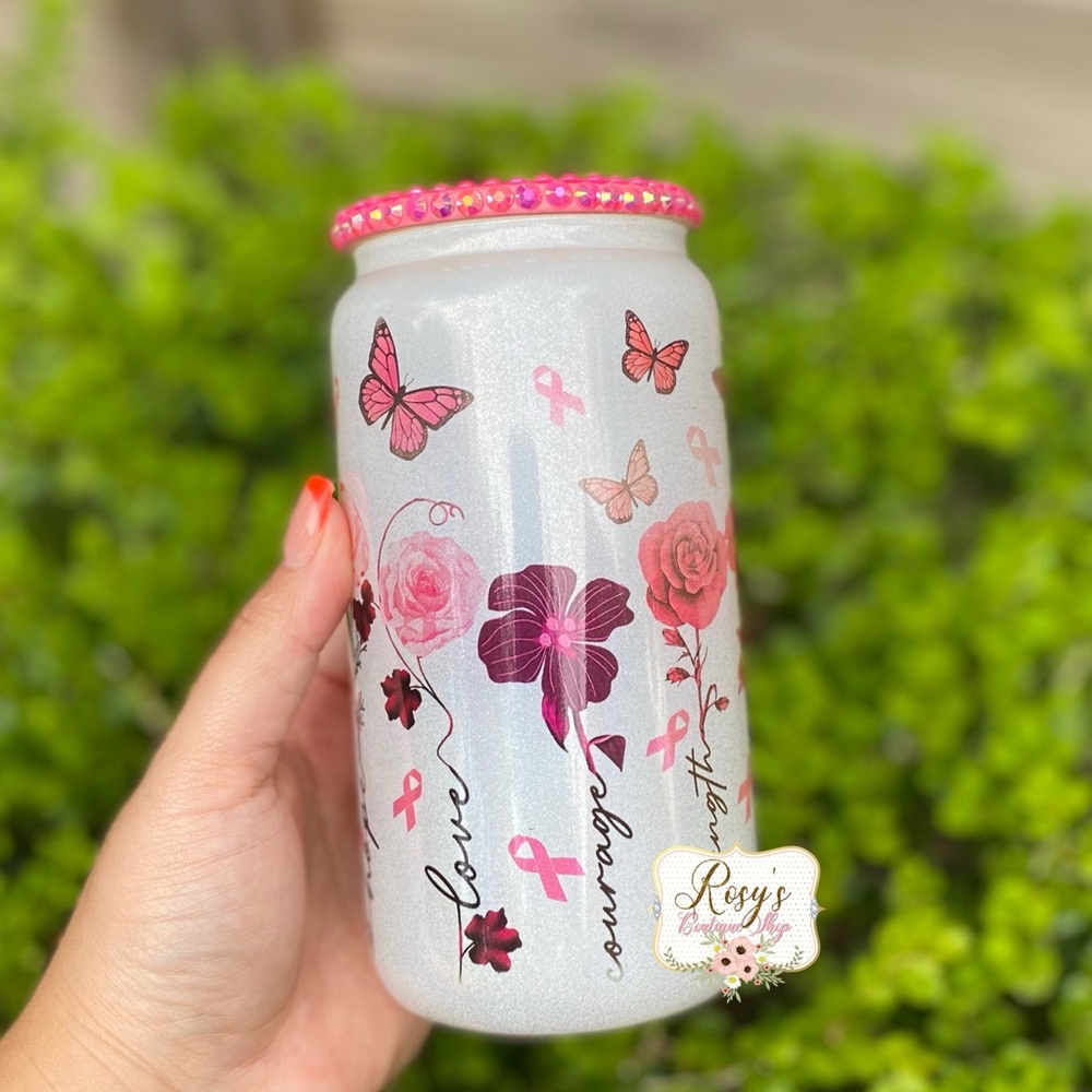 Cancer Awareness 16 White Shimmer Glass Cup with Bling lid